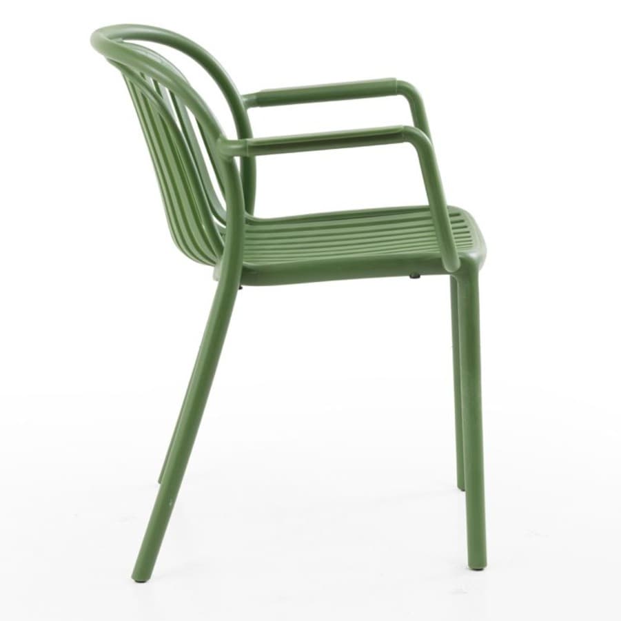 Modern green plastic chair with armrests for outdoor use – stackable, durable and ideal for terrace, HORECA and garden spaces