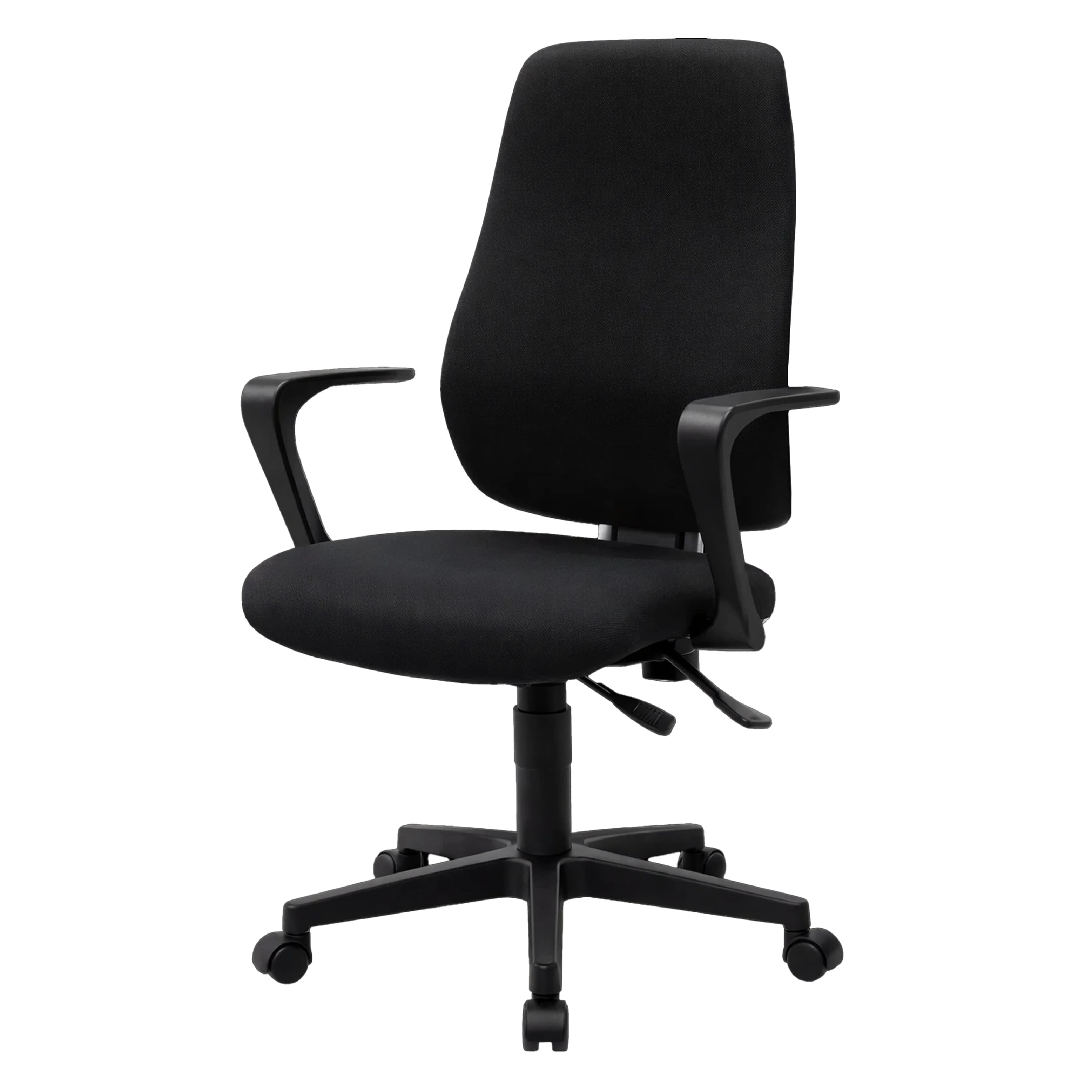 Modern black office chair with fixed armrests and padded seat – ideal for office or home workspace