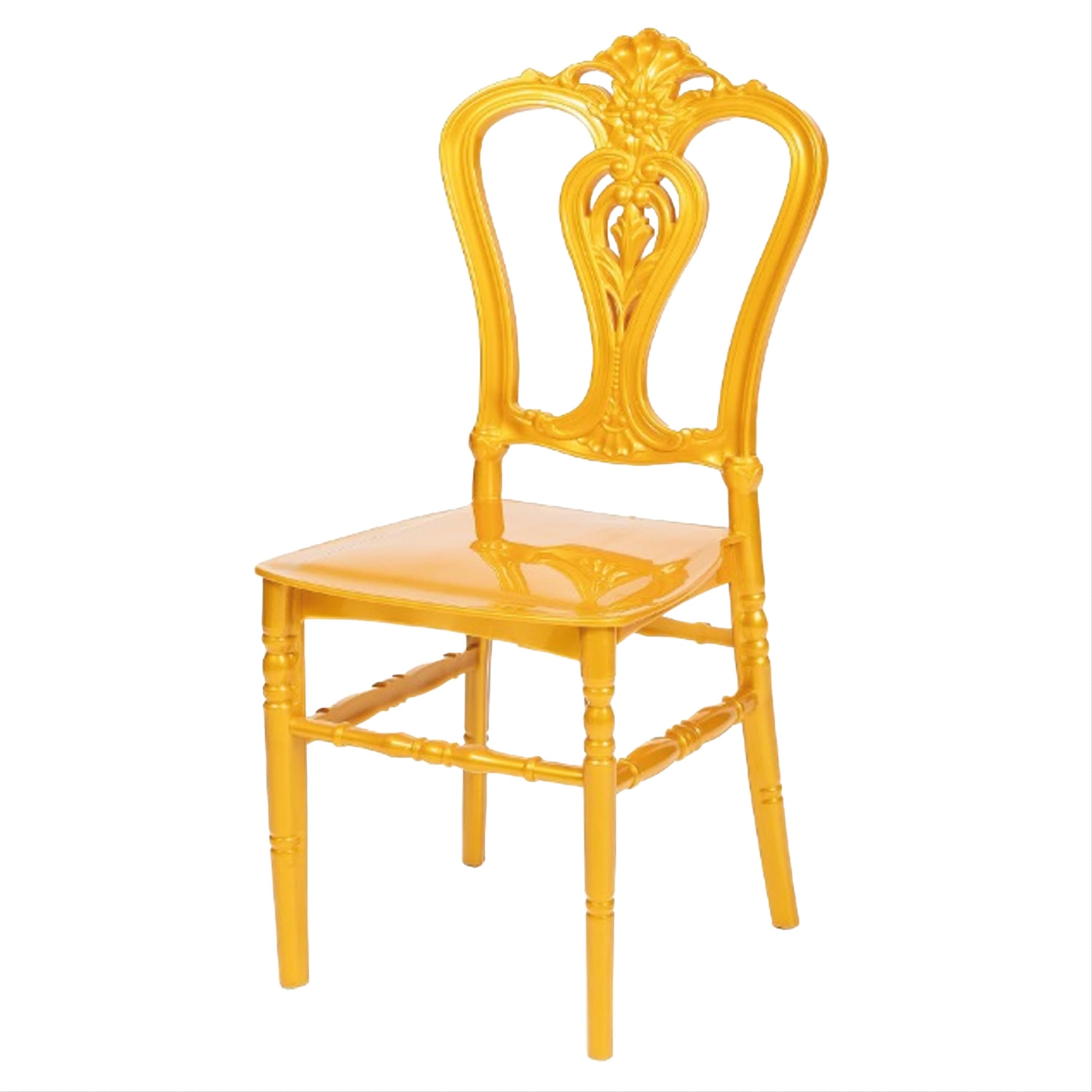 Yellow event chair with decorative carved backrest – ideal for weddings, parties and elegant venues