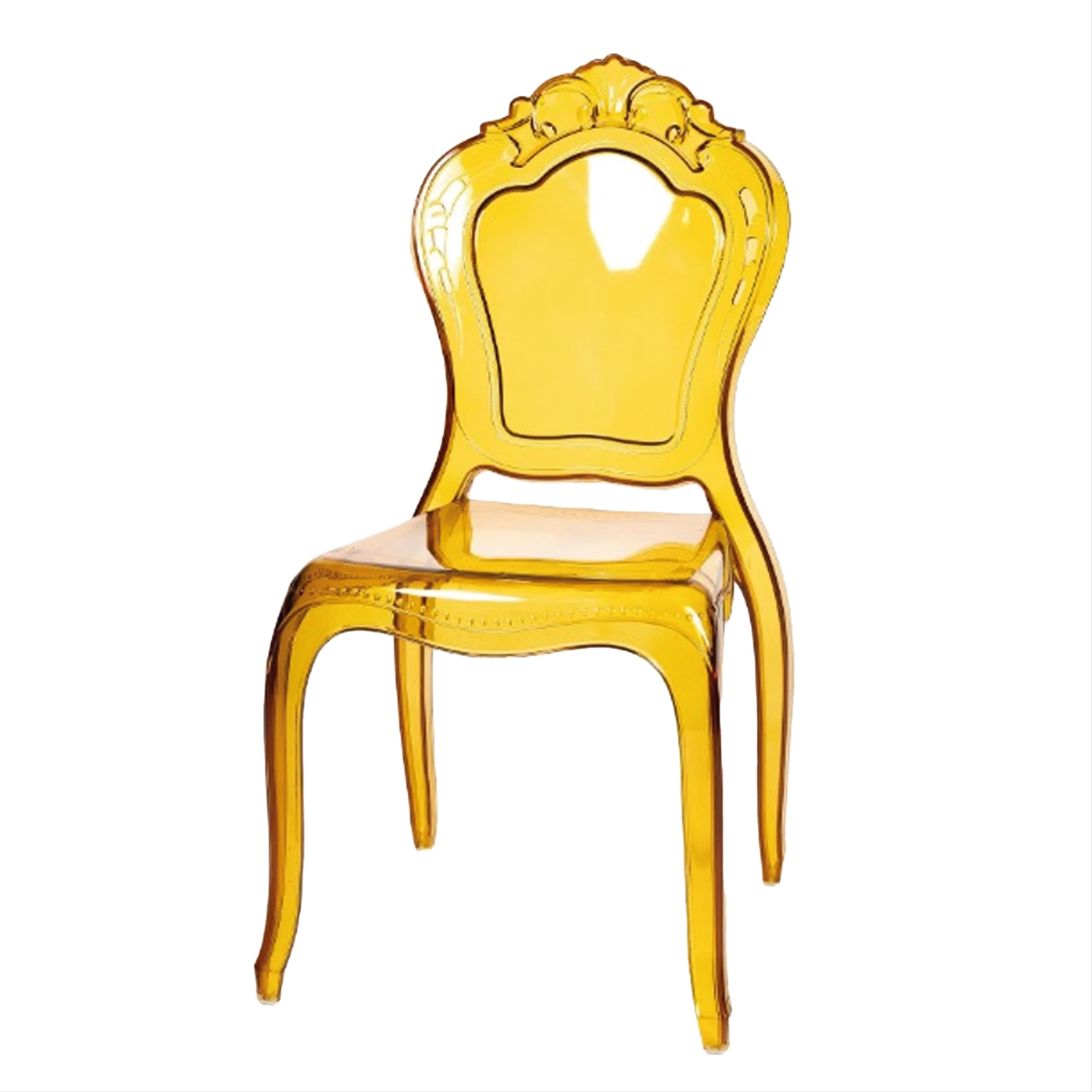 Translucent yellow event chair with decorative curved backrest – ideal for weddings and elegant venues