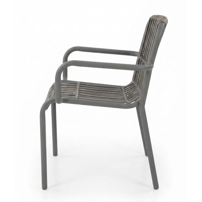 Modern gray chair with rope-woven seat and backrest, featuring armrests – durable, comfortable and ideal for terrace, HORECA and outdoor spaces