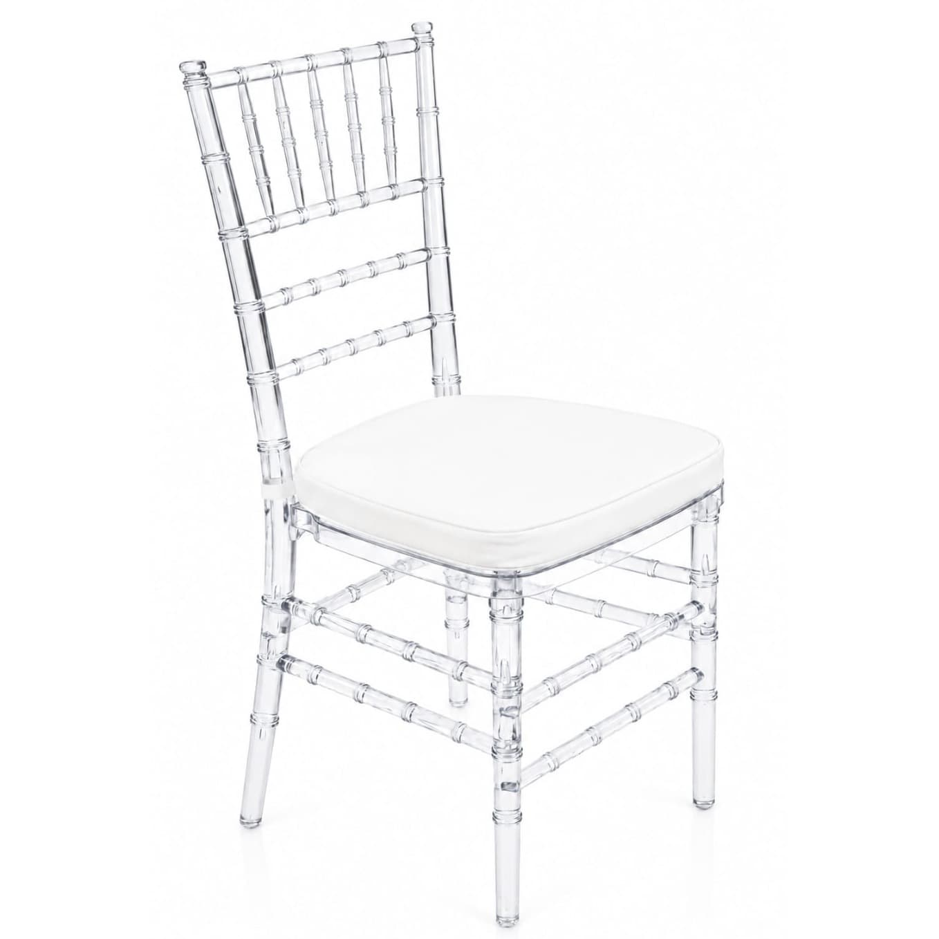 TIFFANY | Transparent white event chair with PU seat – elegant, lightweight and ideal for weddings, receptions, banquets and indoor hospitality spaces