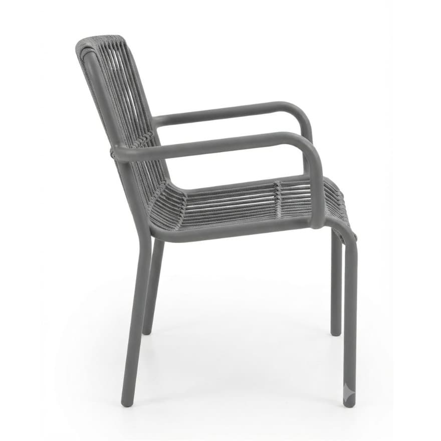 Modern gray chair with rope-woven seat and backrest, featuring armrests – durable, comfortable and ideal for terrace, HORECA and outdoor spaces