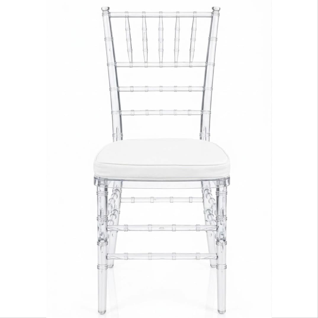 TIFFANY | Transparent white event chair with PU seat – elegant, lightweight and ideal for weddings, receptions, banquets and indoor hospitality spaces