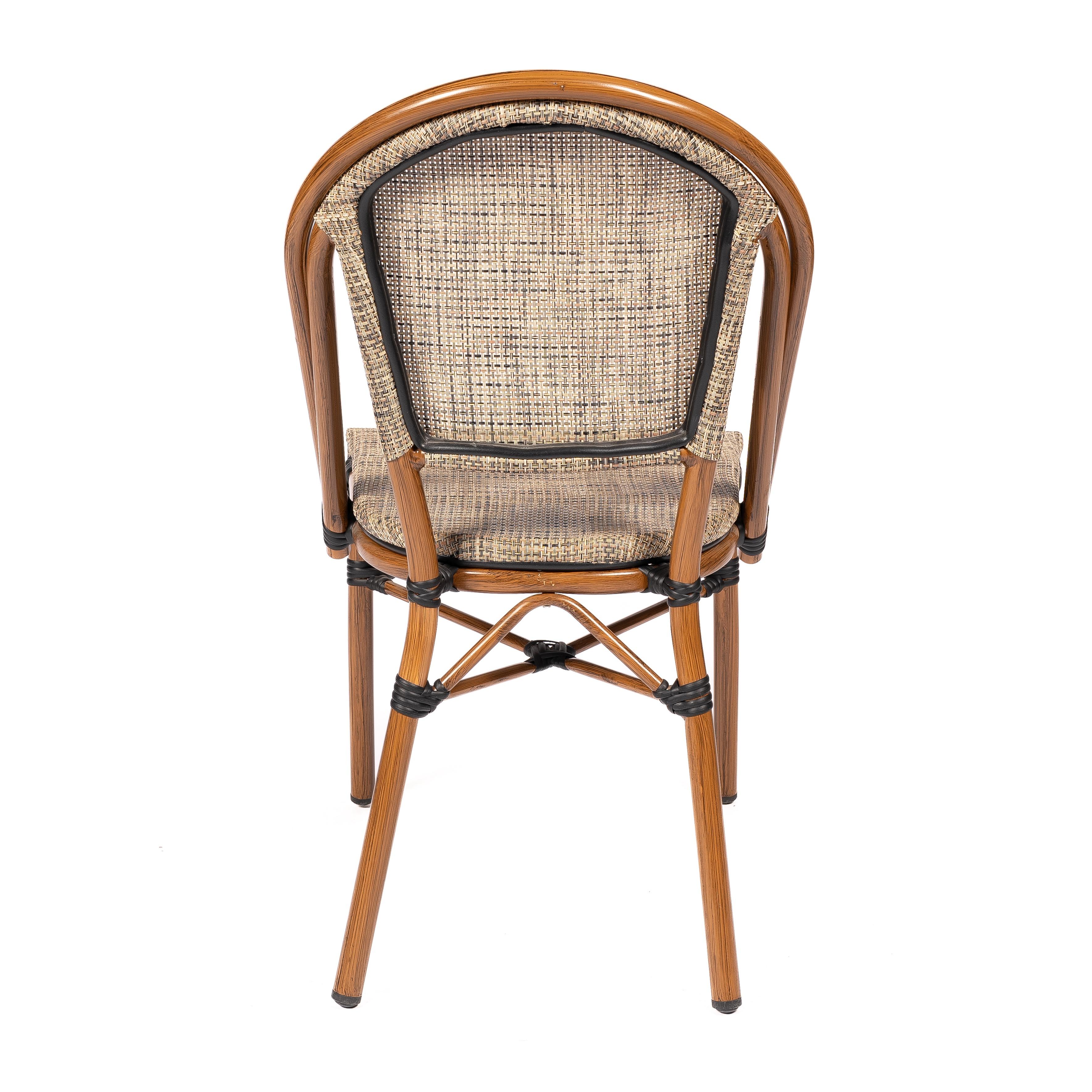 ANCONA | Outdoor bistro chair – French style – beige poly rattan with metal frame in wood look – suitable for hotel, restaurant, café, terrace, garden and balcony