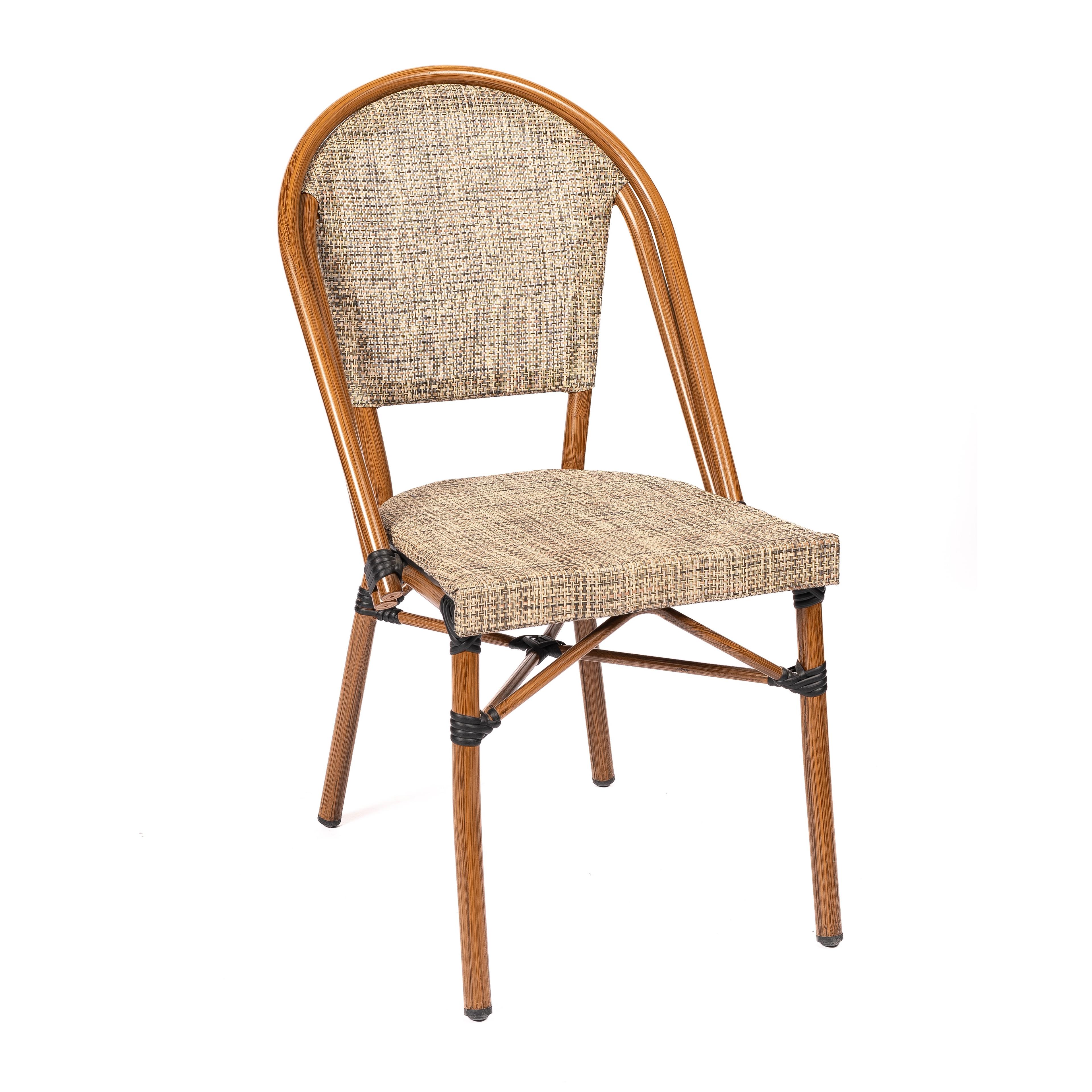 ANCONA | Outdoor bistro chair – French style – beige poly rattan with metal frame in wood look – suitable for hotel, restaurant, café, terrace, garden and balcony