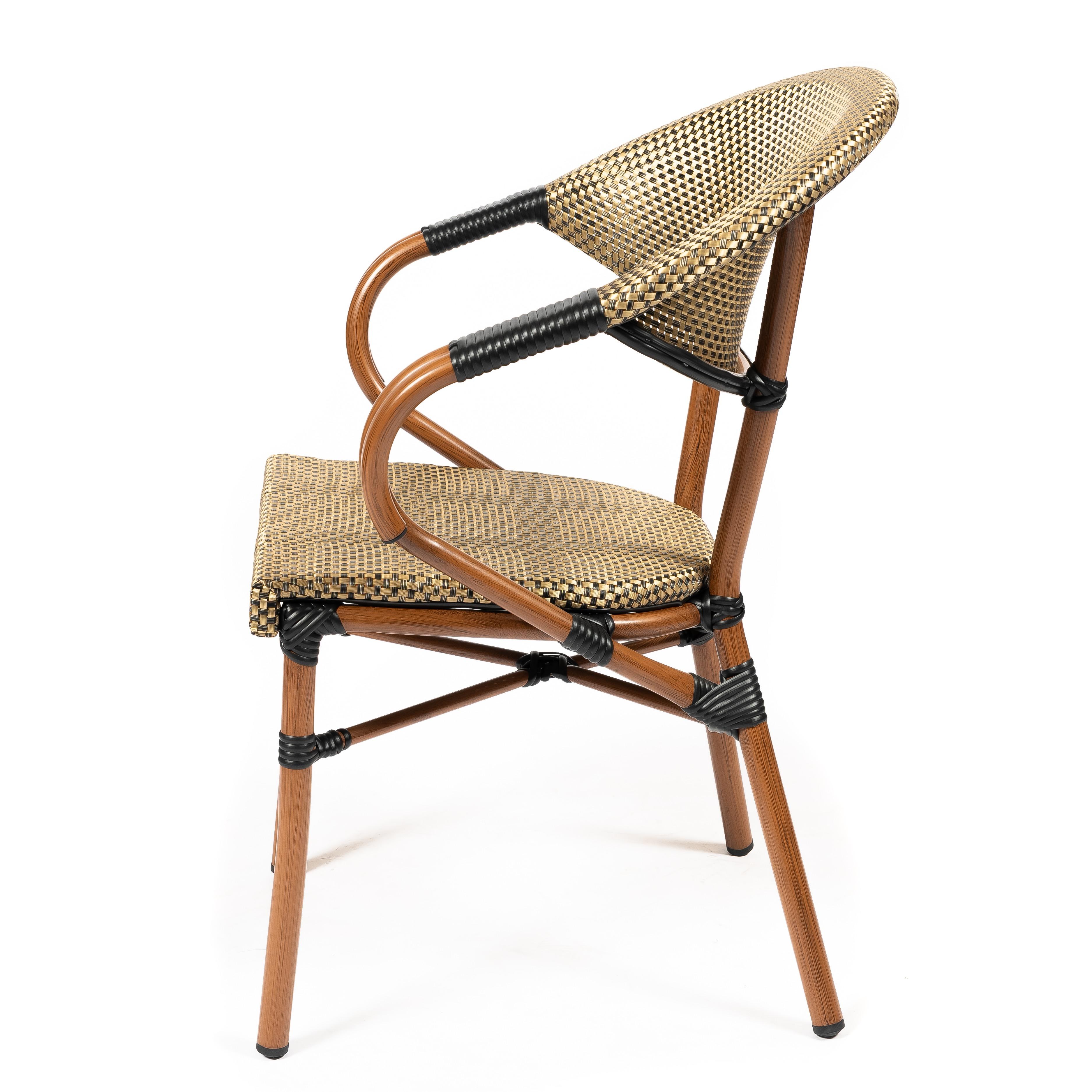ORLEANS | Outdoor bistro chair – golden poly rattan with metal frame in wood look – suitable for hotel, restaurant, café, terrace, garden and balcony