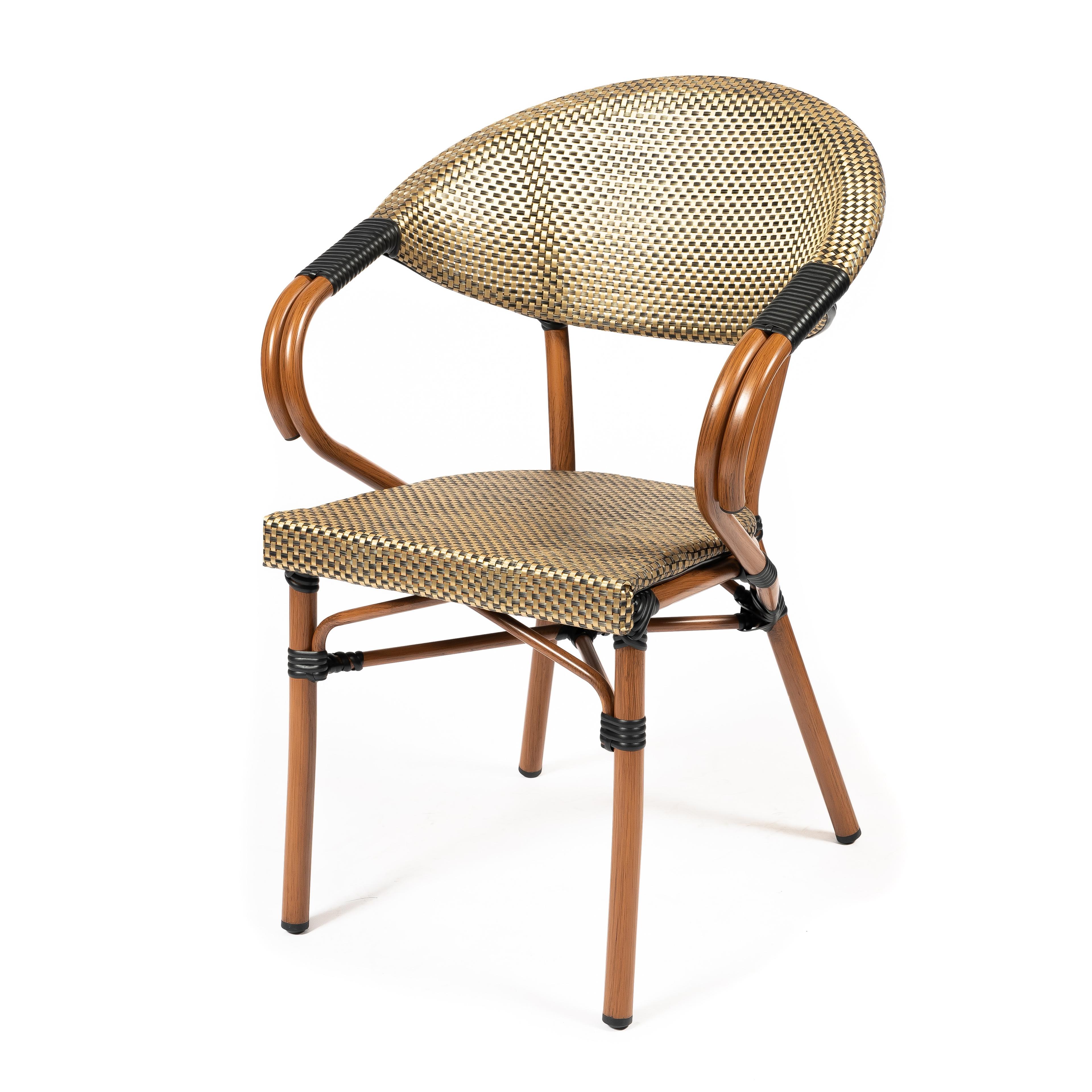 ORLEANS | Outdoor bistro chair – golden poly rattan with metal frame in wood look – suitable for hotel, restaurant, café, terrace, garden and balcony