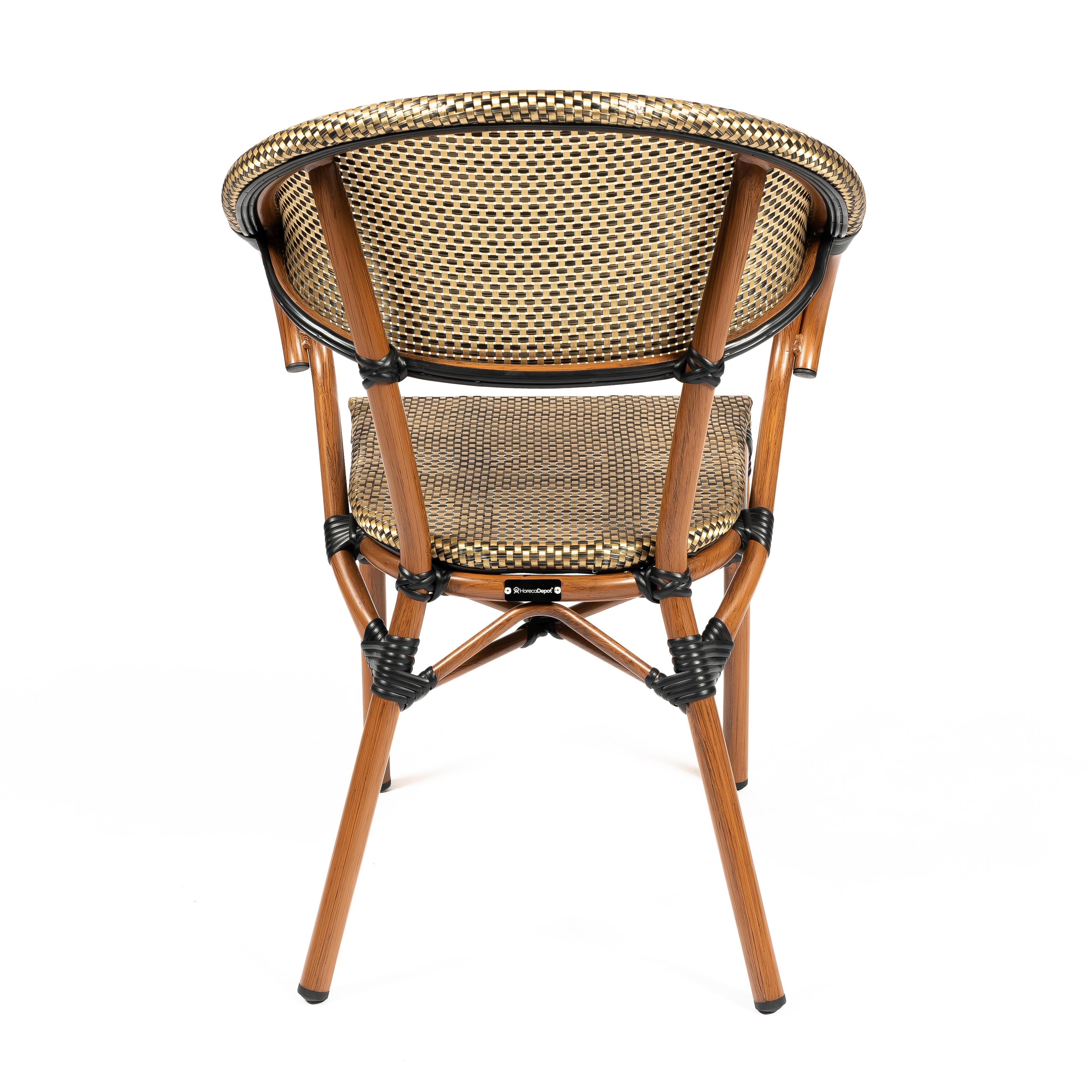 ORLEANS | Outdoor bistro chair – golden poly rattan with metal frame in wood look – suitable for hotel, restaurant, café, terrace, garden and balcony