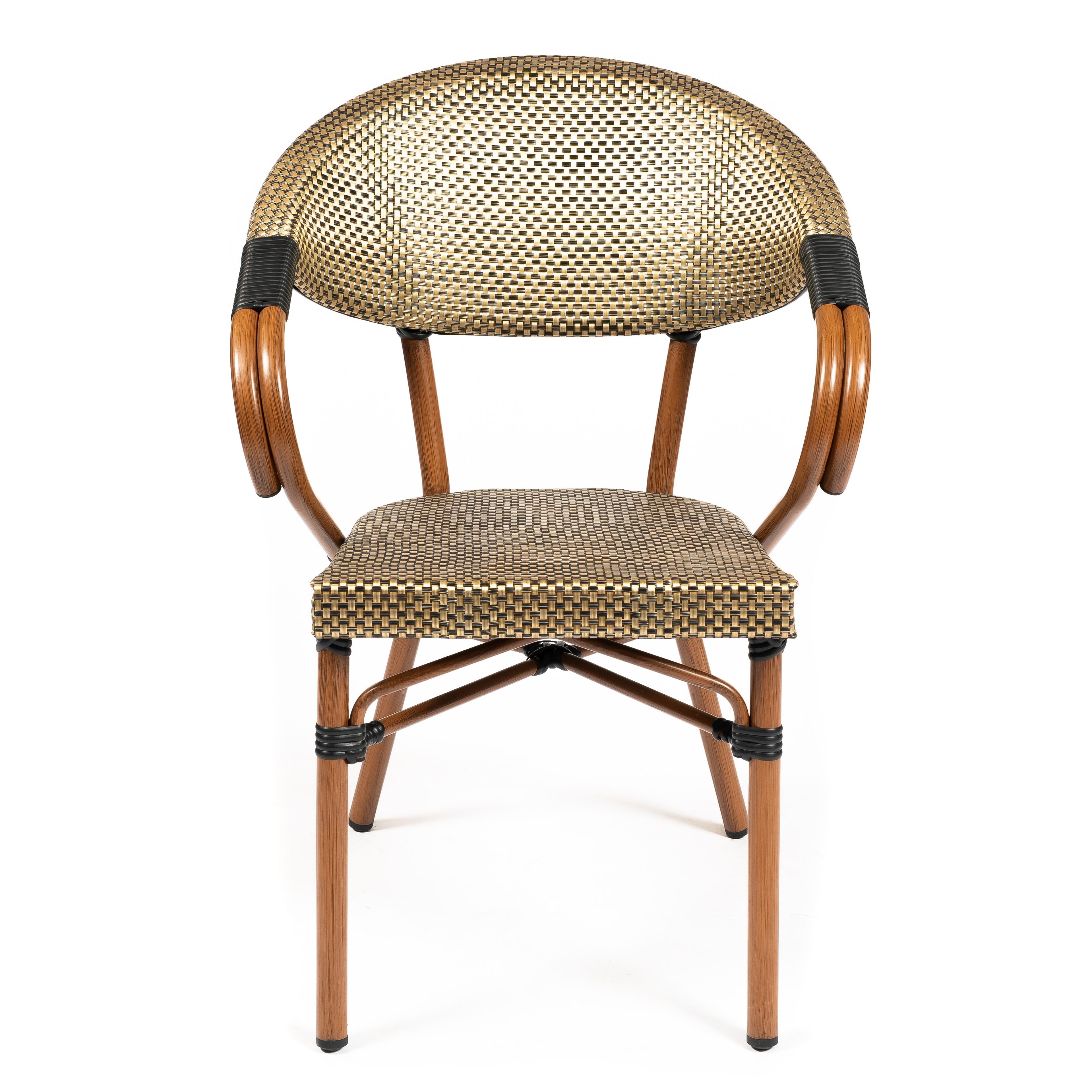 ORLEANS | Outdoor bistro chair – golden poly rattan with metal frame in wood look – suitable for hotel, restaurant, café, terrace, garden and balcony