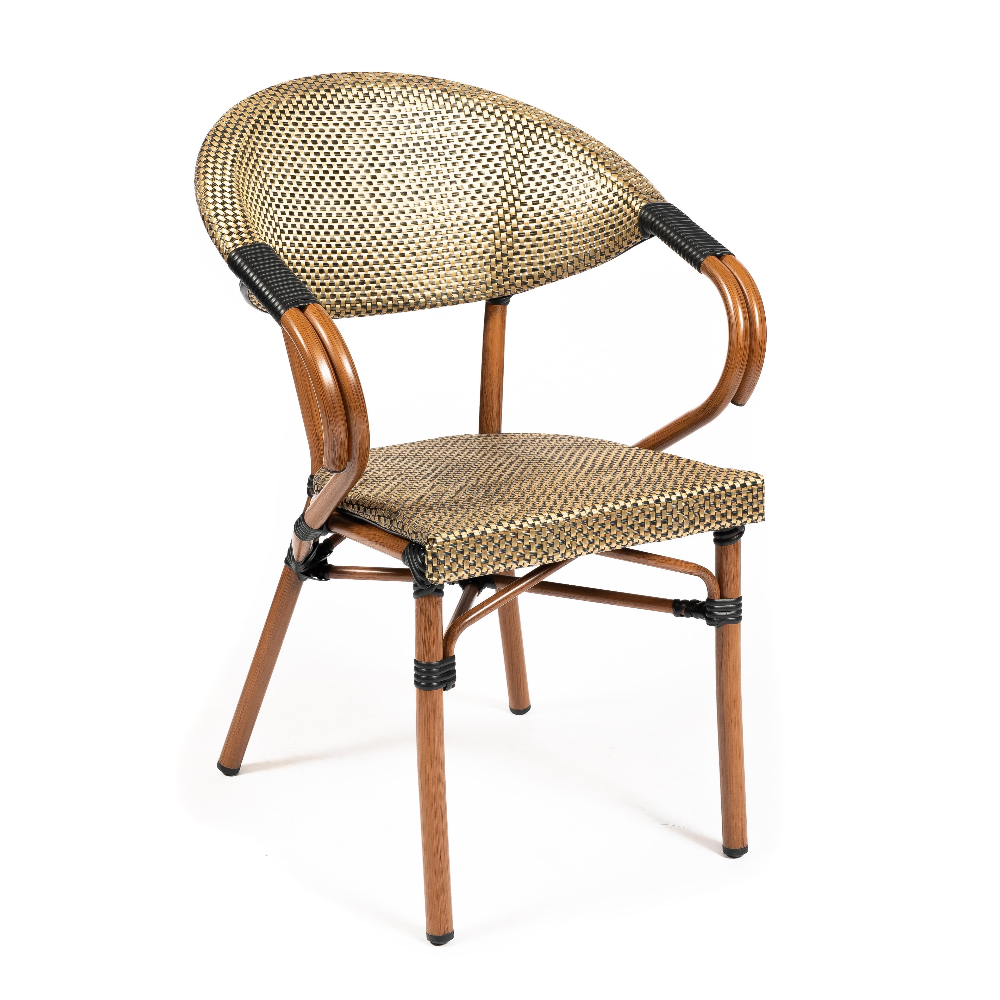 ORLEANS | Outdoor bistro chair – golden poly rattan with metal frame in wood look – suitable for hotel, restaurant, café, terrace, garden and balcony