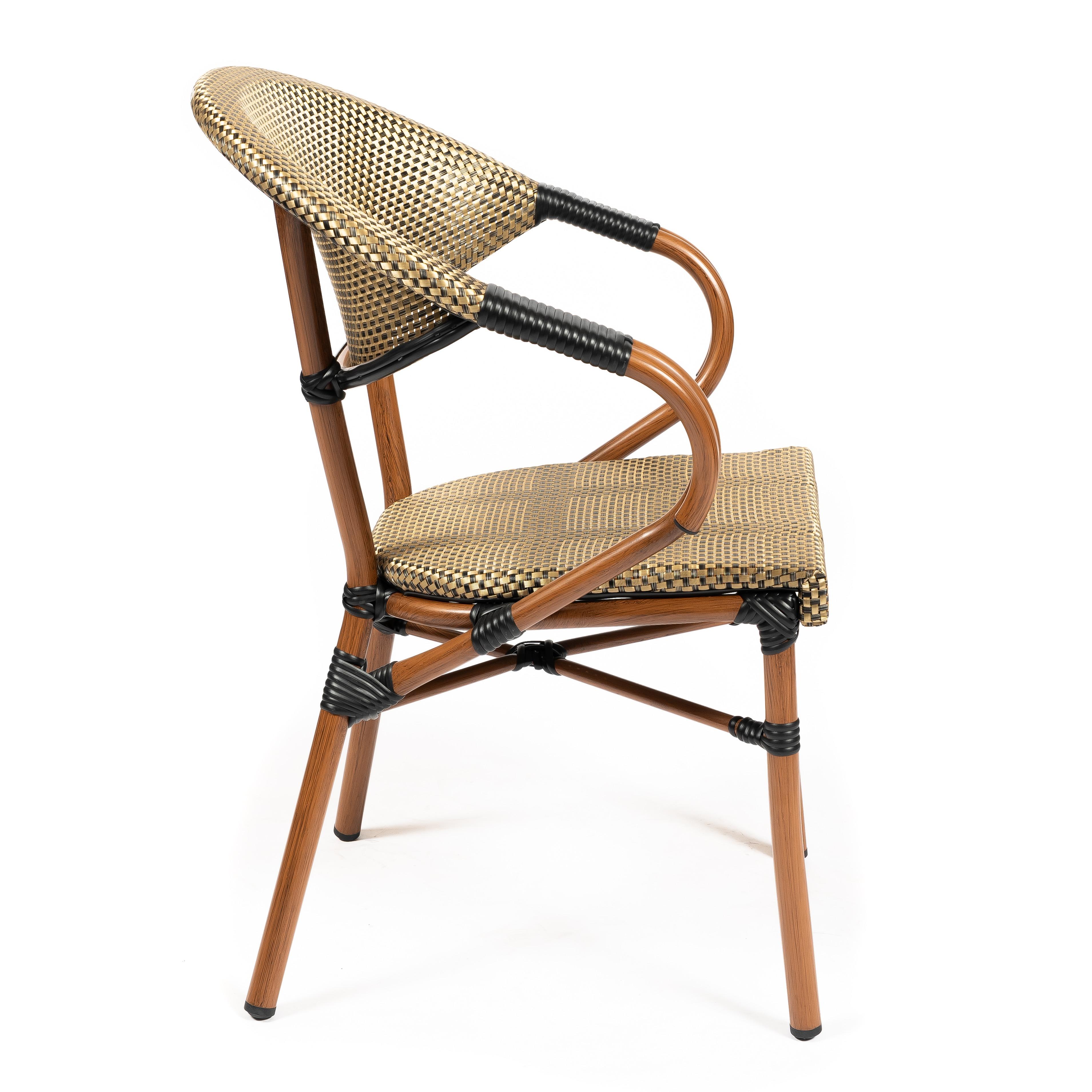 ORLEANS | Outdoor bistro chair – golden poly rattan with metal frame in wood look – suitable for hotel, restaurant, café, terrace, garden and balcony