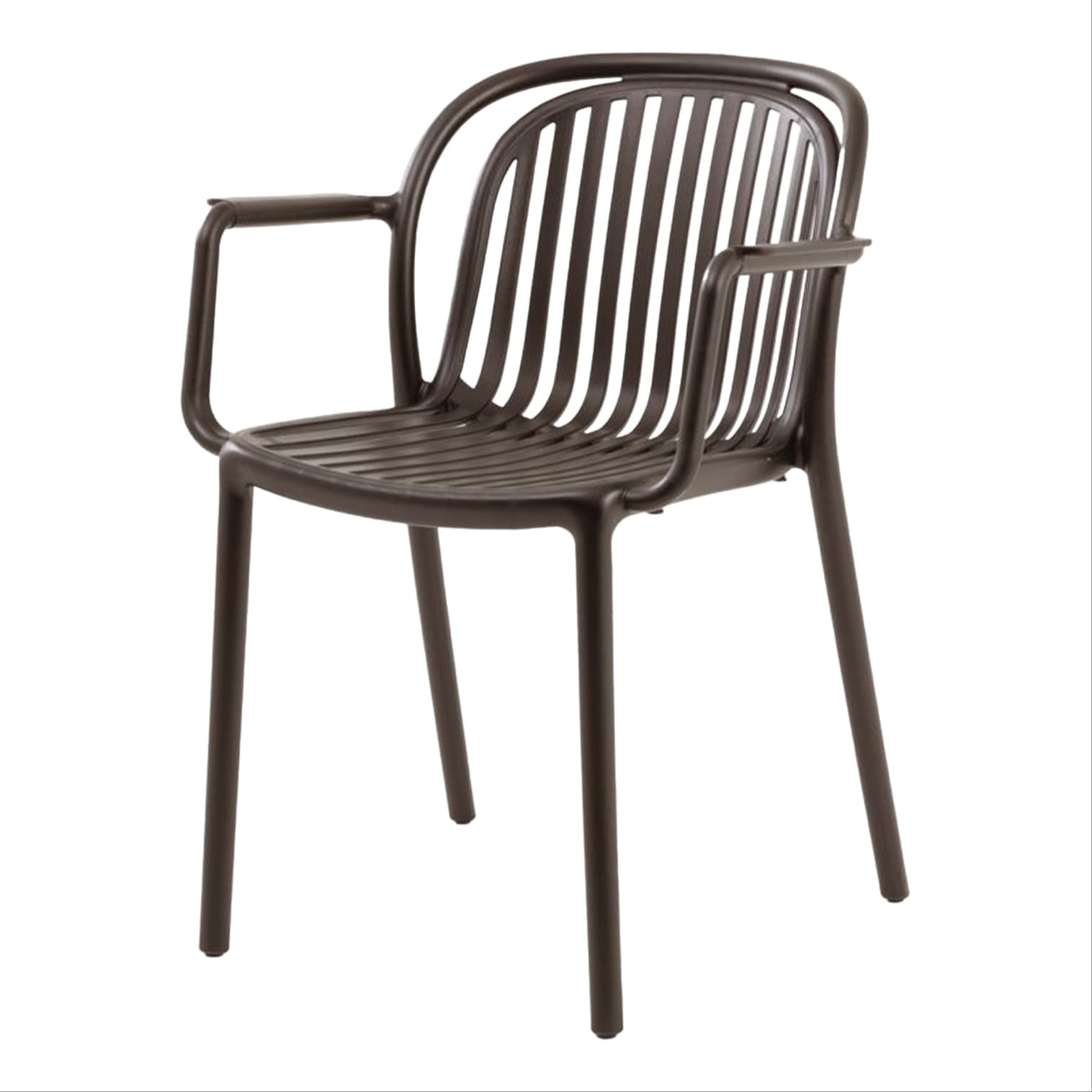 Modern brown plastic chair with armrests for outdoor use – stackable, durable and ideal for terrace, HORECA and garden spaces