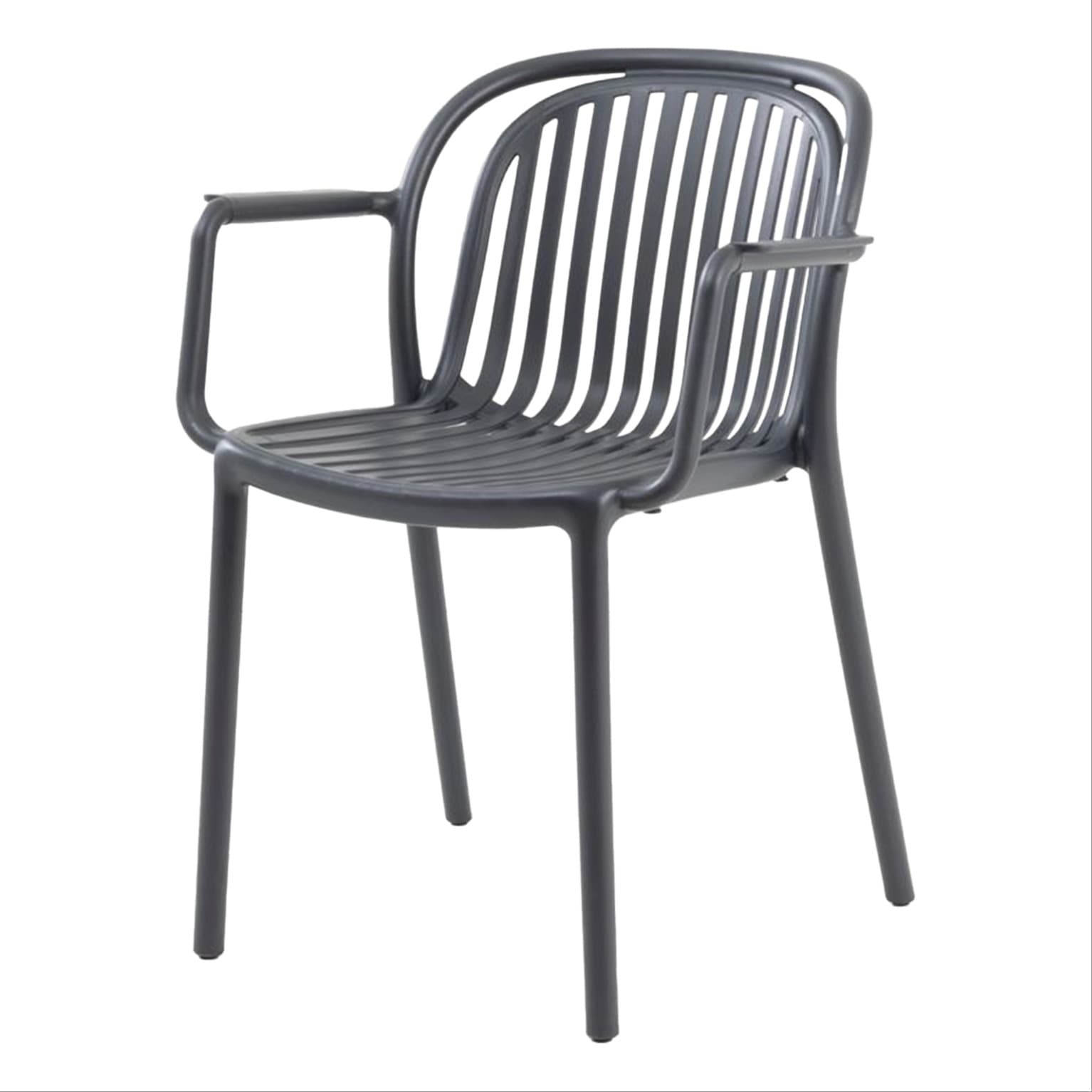 Modern grey plastic chair with armrests for outdoor use – stackable, durable and ideal for terrace, HORECA and garden spaces