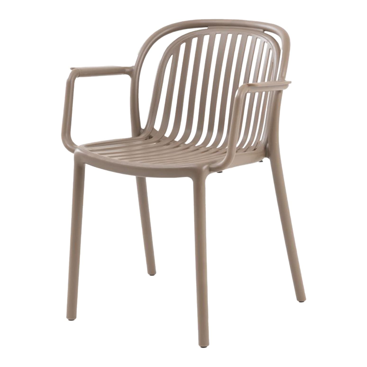 Modern dark beige plastic chair with armrests for outdoor use – stackable, durable and ideal for terrace, HORECA and garden spaces