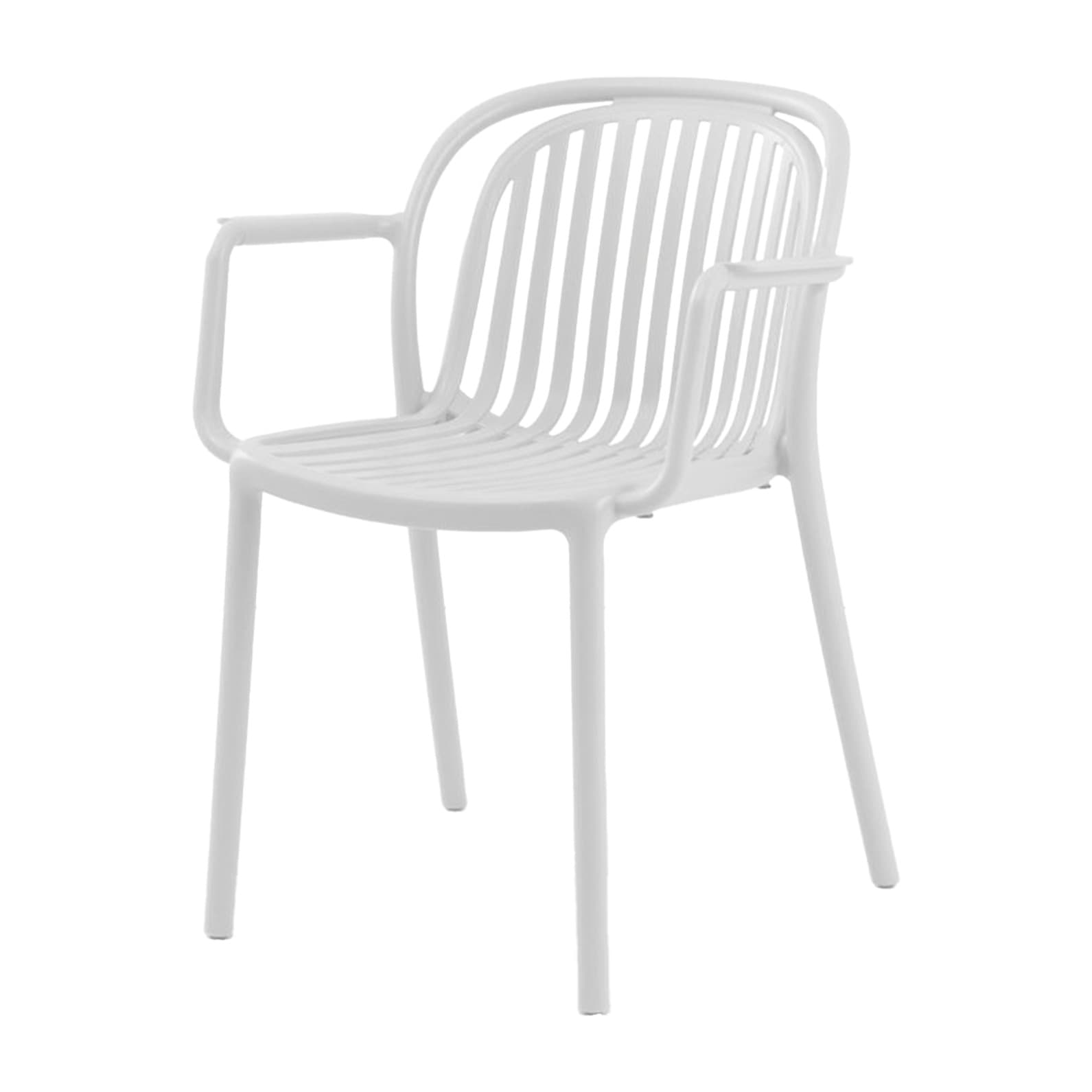 Modern white plastic chair with armrests for outdoor use – stackable, durable and ideal for terrace, HORECA and garden spaces