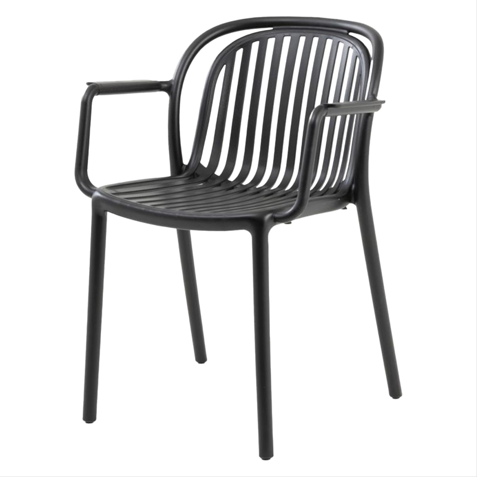 Modern black plastic chair with armrests for outdoor use – stackable, durable and ideal for terrace, HORECA and garden spaces