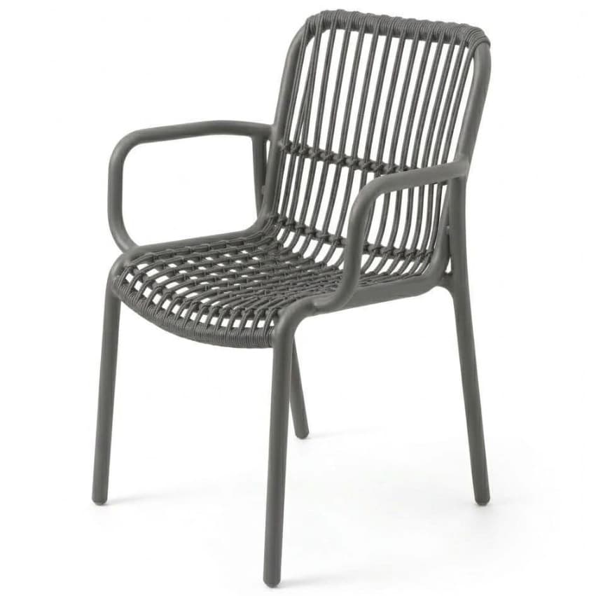 Modern gray chair with rope-woven seat and backrest, featuring armrests – durable, comfortable and ideal for terrace, HORECA and outdoor spaces